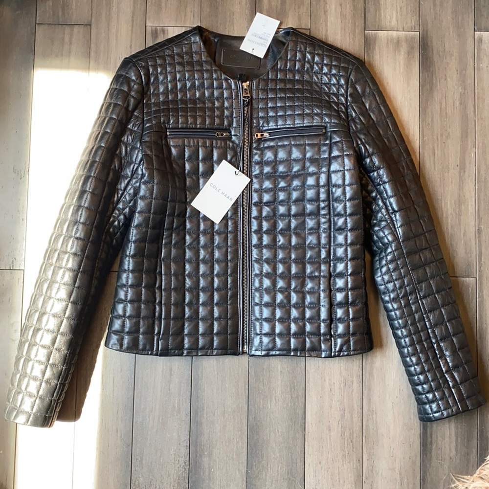 Cole Haan Black quilted lamb leather moto jacket